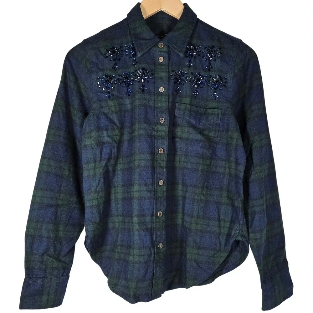 J. Crew Embellished shrunken button-up shirt tartan brushed cotton oxford 4 NWT‎